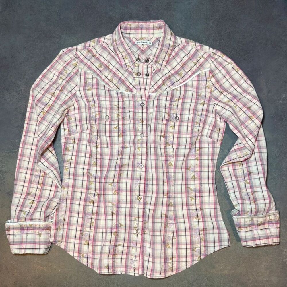 Ben Sherman XS Snap Front Plaid Shirt | Satin Trim Floral Western Detail